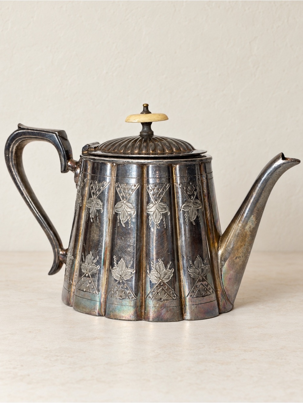 Silver Plate Teapot Fluted Dark Patina Decorative.
